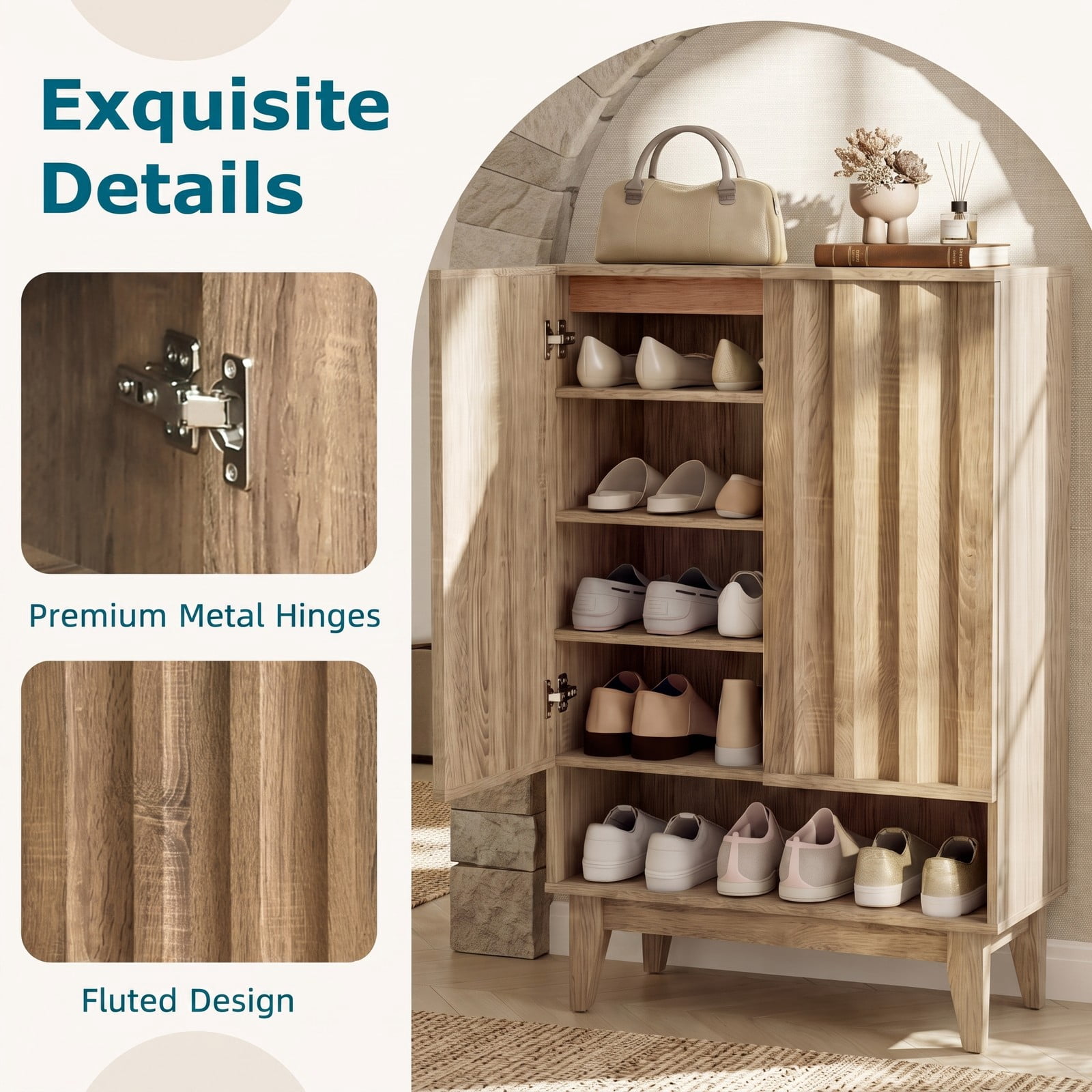 Furnibear 6-Tier Shoe Storage Organizer Cabinet with Louvered Door and 3 Removable Shelves for Entryway and Hallway Use, Rustic Oak
