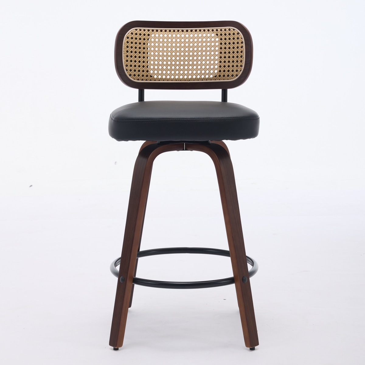 26 Inch Counter Height Swivel Bar Stools, Set of 3 Upholstered Faux Leather Bar Chairs with Walnut Back, Bentwood Legs, Mid Century Modern Island Stools for Kitchen Counter
