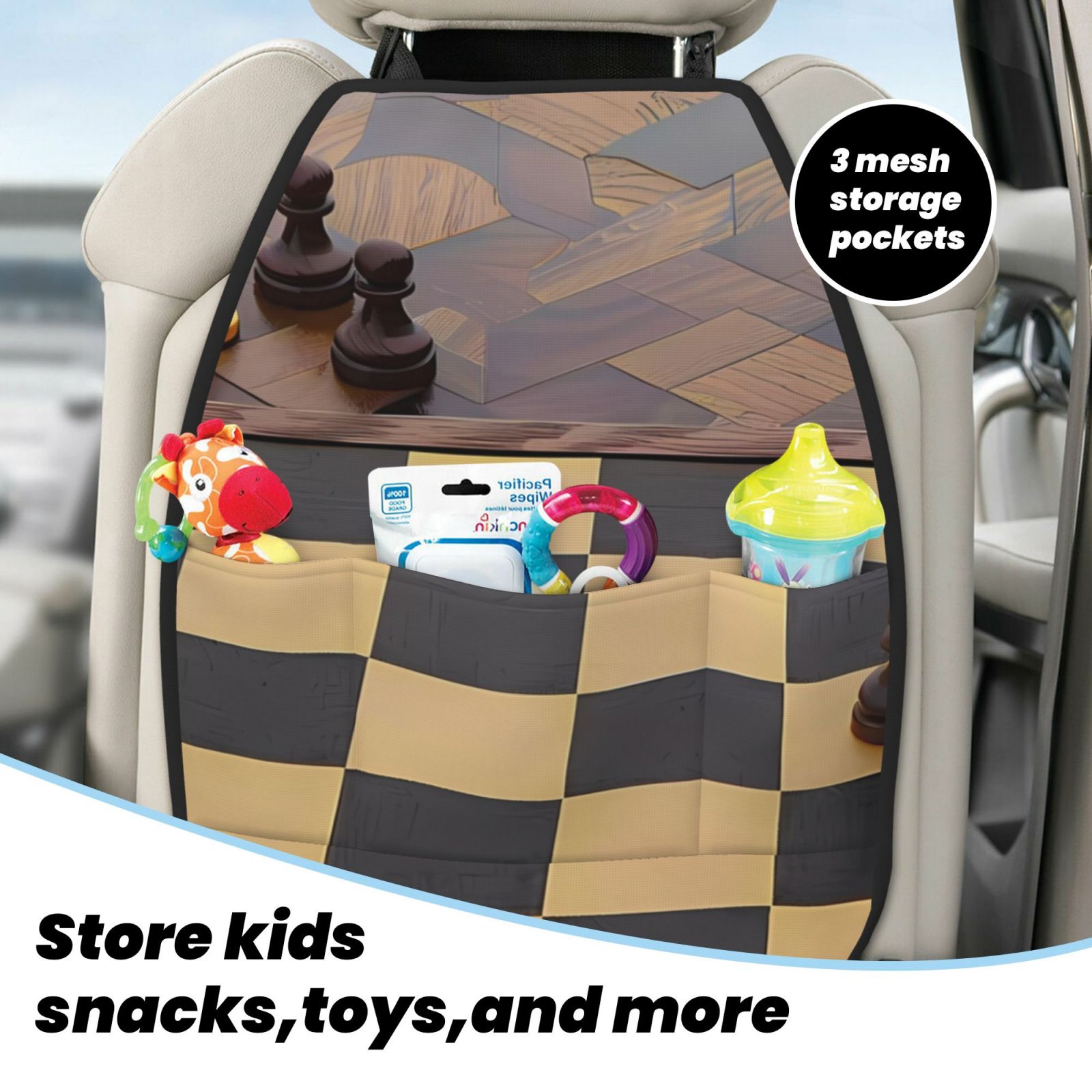 Xecao Chess Board With Pawns Pattern Car Seat Back Protector 2 Pack Large Capacity Pocket, Kick Mats Back Seat Protector
