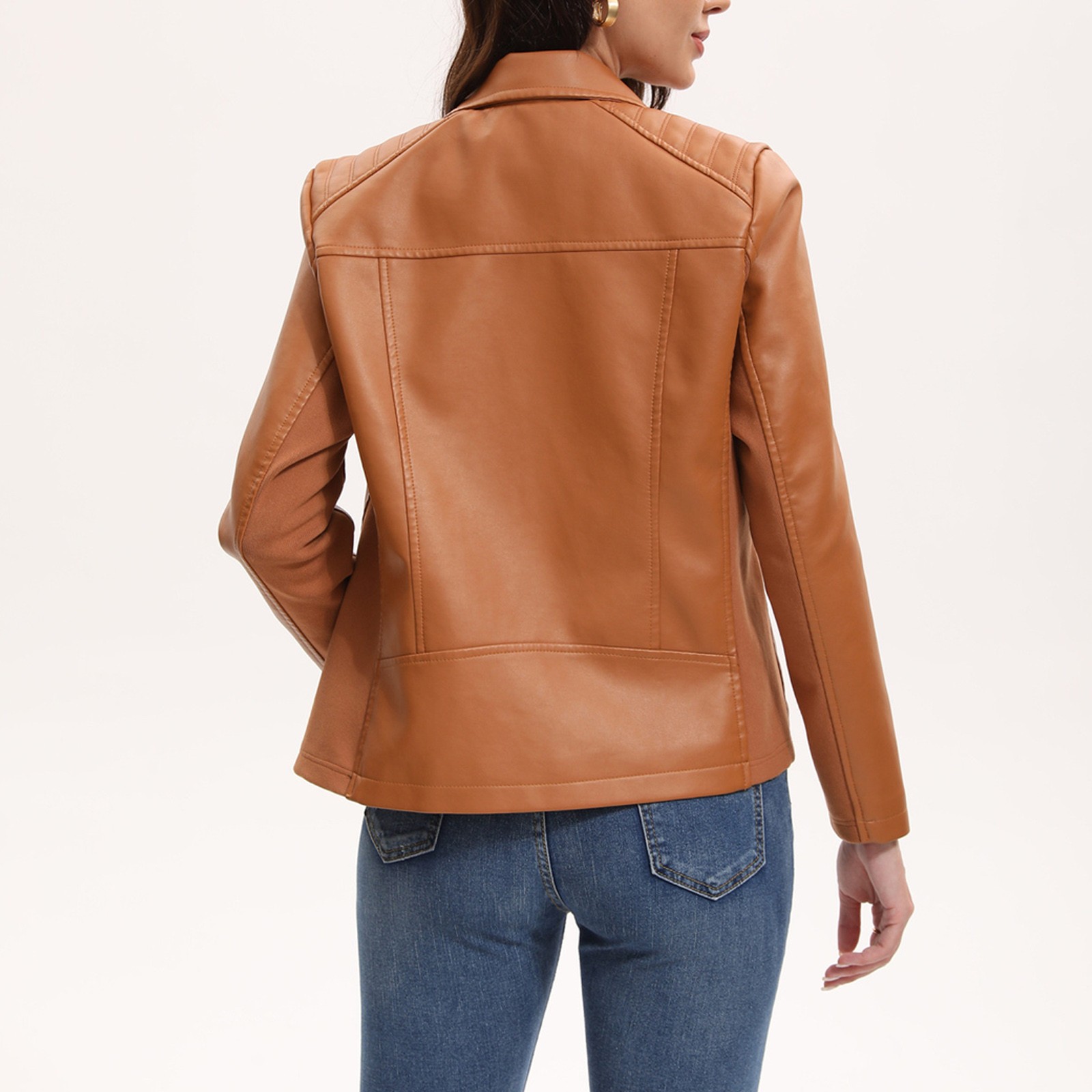 WTOBBY Women's Faux Leather Moto Jacket Short Coat Biker Style Casual Outerwear Solid Color Zippered Front with Stand Collar Edgy Street Look for Night Out,Camel S