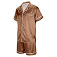 thumbnail image 7 of Cozy Couple Pajamas Set Short Sleeve Collar Button Down Tops with Side Slit Short Pants Sleepwear for Women Coffee,L, 7 of 7