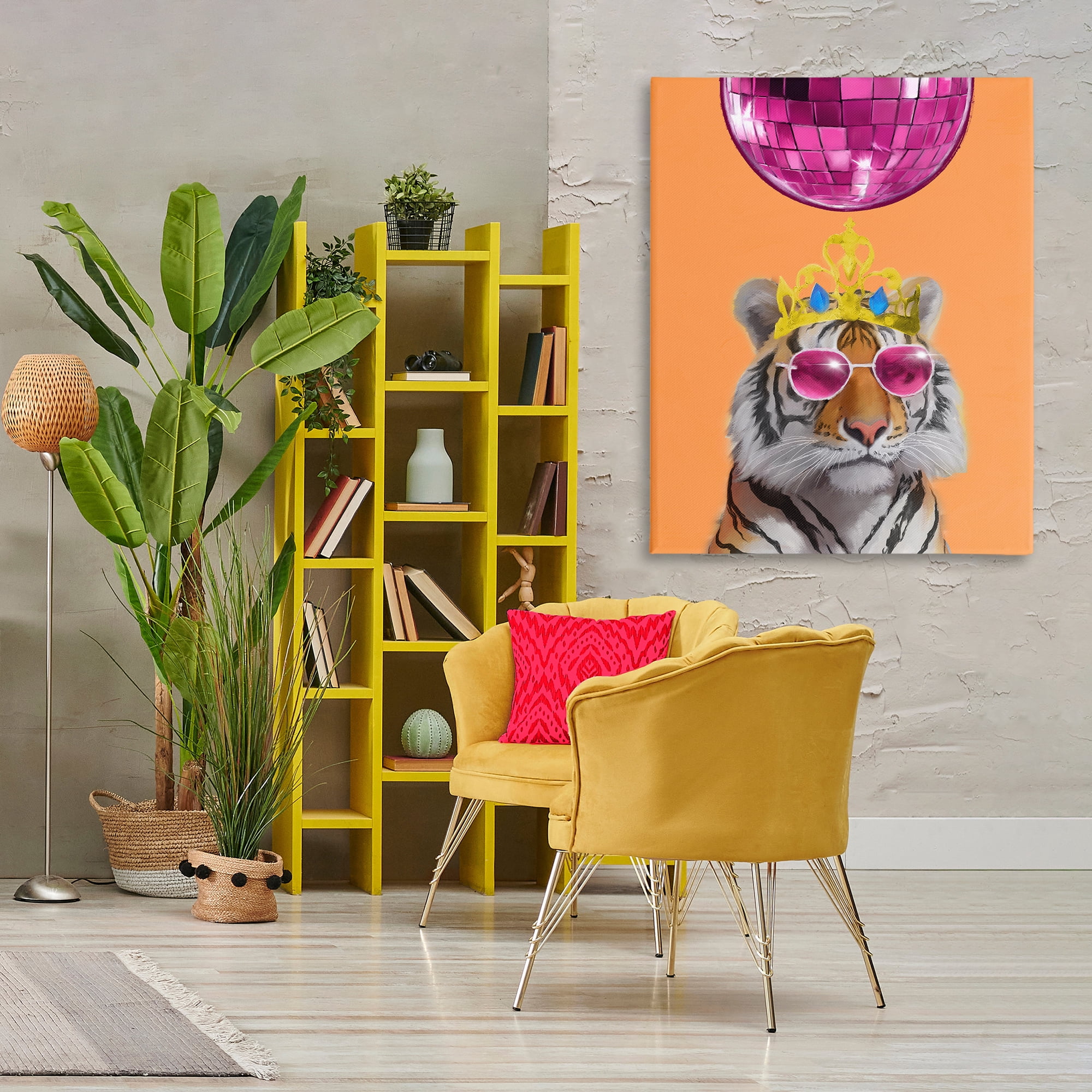 Stupell Industries Disco Tiger with Crown Animals Painting Wrapped Canvas Art Print Wall Art, 36 x 48