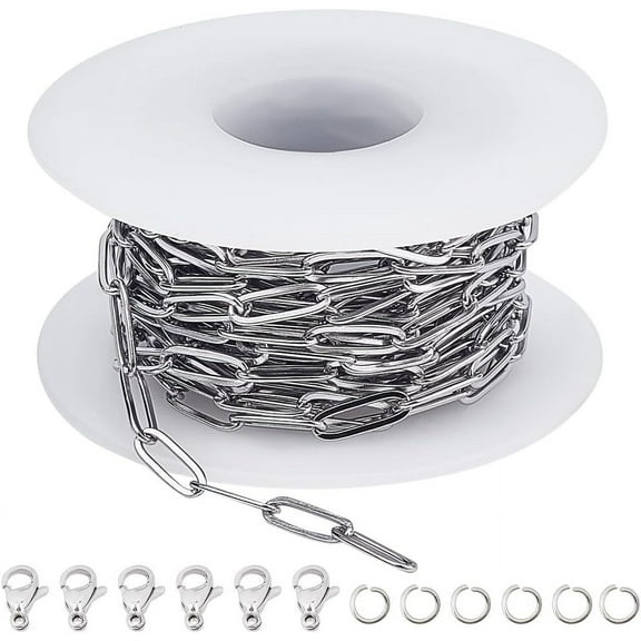 1Set 16.4 Feet/5M Paperclip Link Chain 304 Stainless Steel Chains Bulk Metal Long Rectangle Pull Extension Connectors Chain with Lobster Clasps Jump Rings for Jewelry Making Necklace DIY Crafts