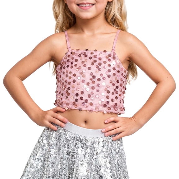 Girls Sparkling Carnival Adjustable Elastic Band Sequin Crop Top for Kids and Tween Kids Summer Soft Comfy Cute Basic Tees
