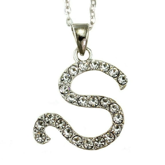Initial S Necklace Chain Clear Stone Crystal Rhinestone Silver Tone Pendant NEW