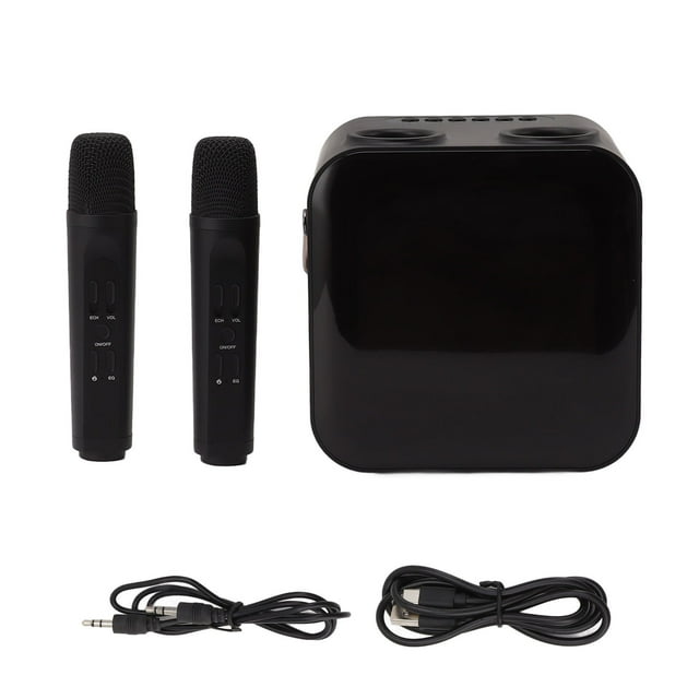 Máquina de karaoke con 2 micrófonos inalámbricos, altavoz Bluetooth portátil de 15 W, juego de karaoke para fiestas en casa, bodas, camping, color negro