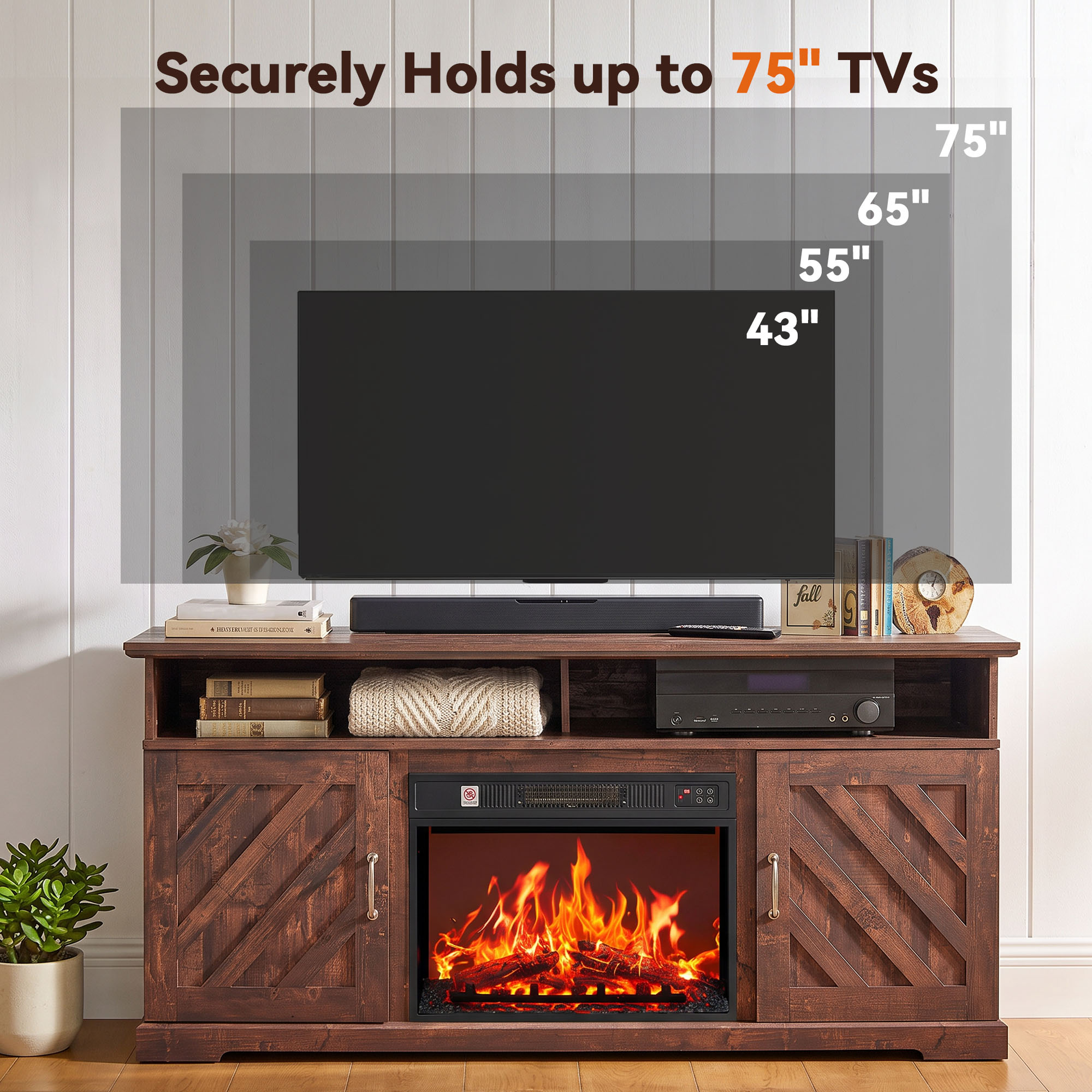 Chitooma 75" Farmhouse Electric Fireplace TV Stand, Brown photo 7