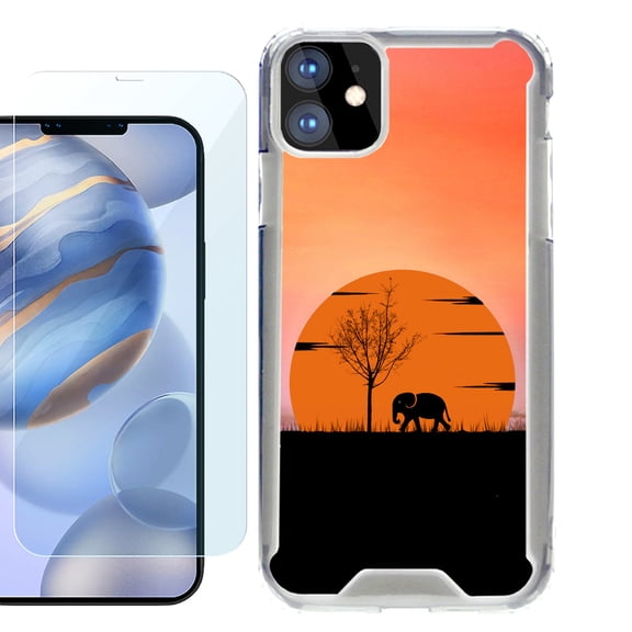 For Apple iPhone 12 Case, iPhone 12 Pro Case, Hybrid Bumper Phone case, with Tempered Glass Screen Protector, by OneToughShield ® - Sunset Elephant