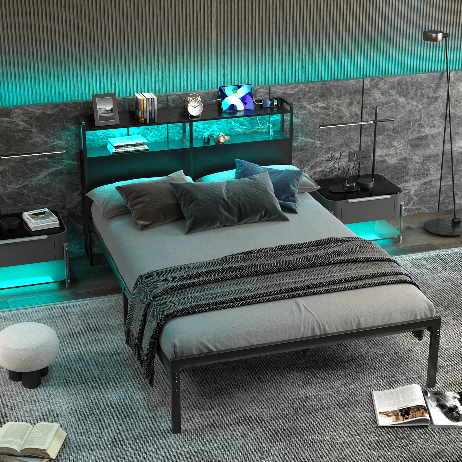 Behost Queen Size Panel Headboard with Outlet and LED Light, Queen Headboard with Two Tiers of Storage, Black