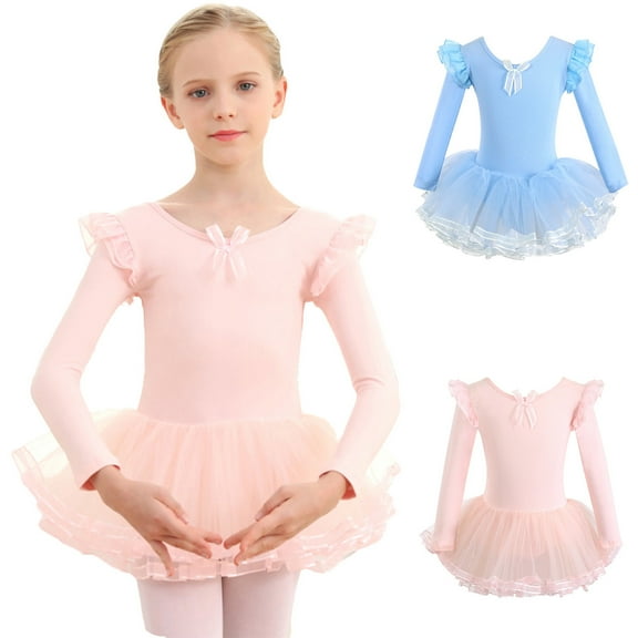 Eltusu Girls Ballet Dance Dress, Practice Long Sleeve Cotton Performance Leotard Skirts Pink Size 2-13 T