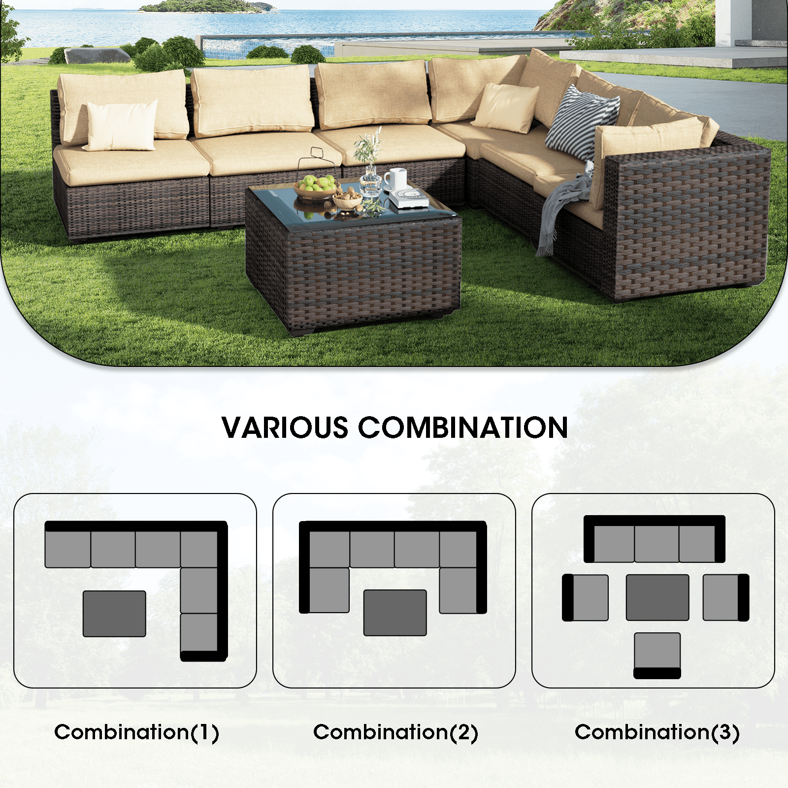 Grezone Large Corner Rattan 7-Piece Patio Outdoor Wicker Sectional