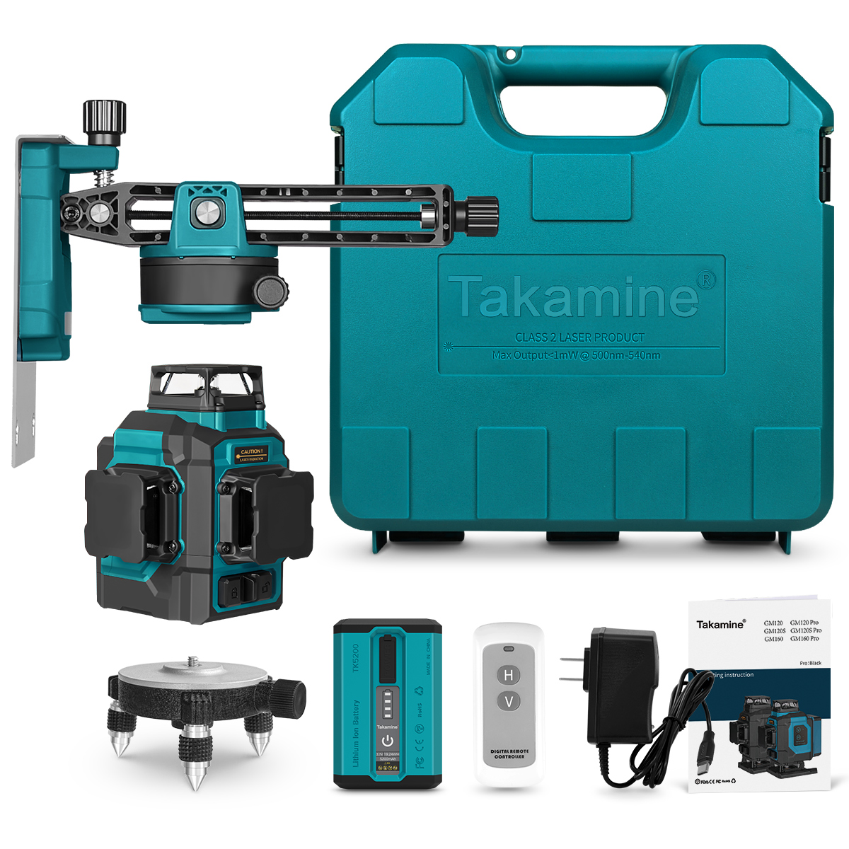 Takamine  3x360° 12 Lines Self Leveling Green Laser Level for Construction with Removable Lithium Battery, Remote Controller, Magnetic Rotating Stand and Hard Case-GM120S
