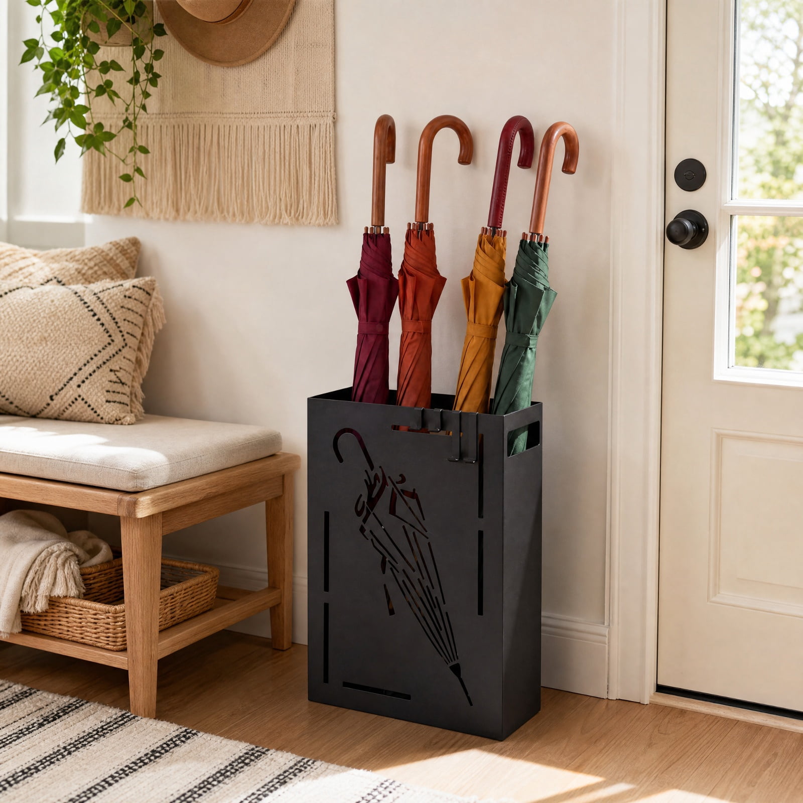 Furnibear Rectangular Umbrella Holder Rack with Removable Drip Tray and 4 Hooks for Entryway Hallway and Home Office Organization, Black