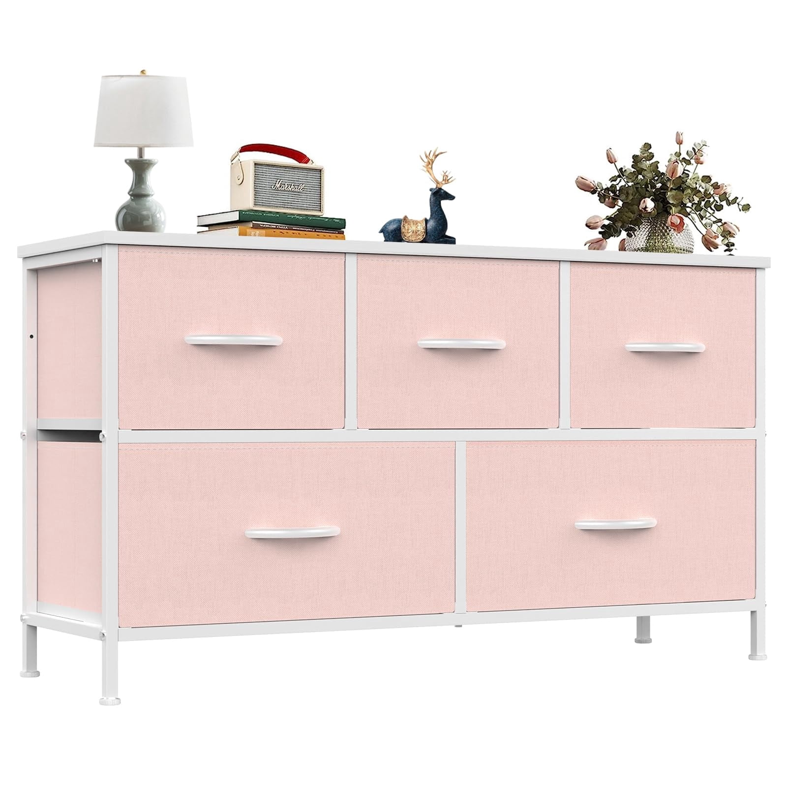 Telyra 5-Drawer Fabric Dresser TV Stand Organizer with Wood Top and Metal Frame, Pink
