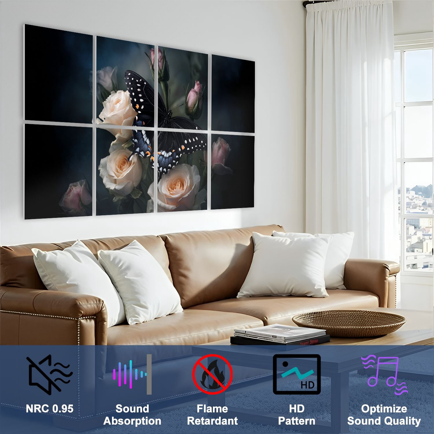 8 Pack Art Acoustic Panels Sound Absorbing Black Butterfly White Spots Romantic Dark Floral Roses Moody Decorative Soundproof Wall Panels Self Adhesive for Nursery Game Room Bedroom 48"x32"