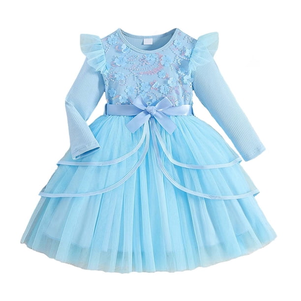 Arcos para Niñas Vestido de Malla de Manga Voladora con Cinturón Color Sólido Nudo de Arco Vestir Fiesta Casual Niños Vestido de Primavera