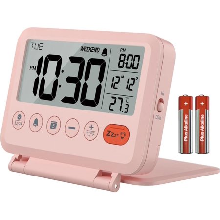 Digital Travel Alarm Clock - 3.54 inch LCD Display, 9-Minute Snooze, 2 Volume Levels, Backlight, Battery Included (Pink)