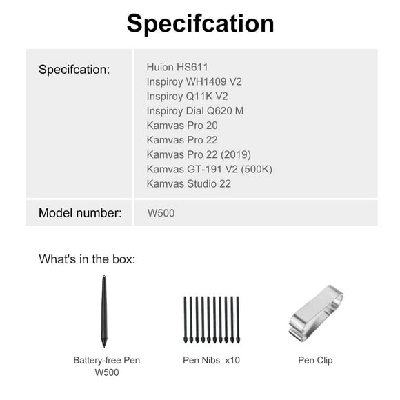 STYLUS W500 Free Stylus Pen 8192 Niveles De Presión Con 2 Teclas Personalizadas Compatibles Con HS611/ Inspiroy WH1409 V2/ Inspiroy Q11K V2/ Inspiroy Dial Q620M/ Kamvas Pro