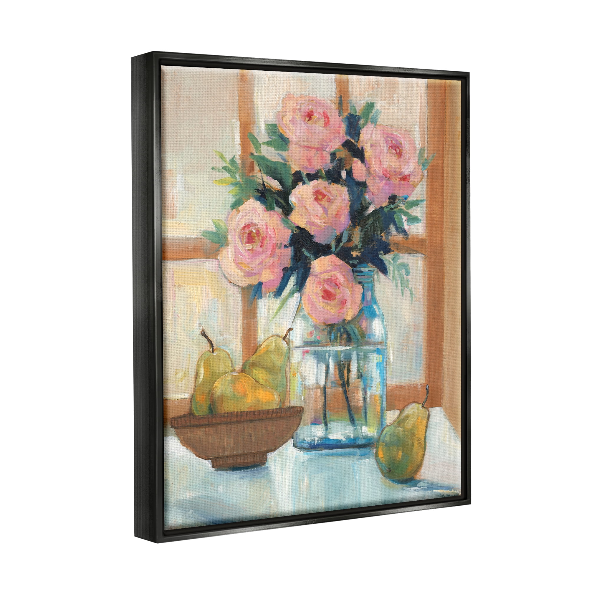Stupell Industries Fresh Pink Roses & Fruit Kitchen Window Scene Painting Jet Black Floating Framed Canvas Print Wall Art, Design by Tim OToole