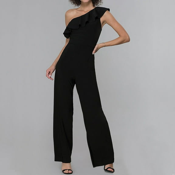 Wycnly Womens Jumpsuits Fashion Ruffle Onn Shoulder Straight Leg Jumpsuits for Summer Casual Trendy Solid Slash Neck Sleeveless Long Rompers for Women