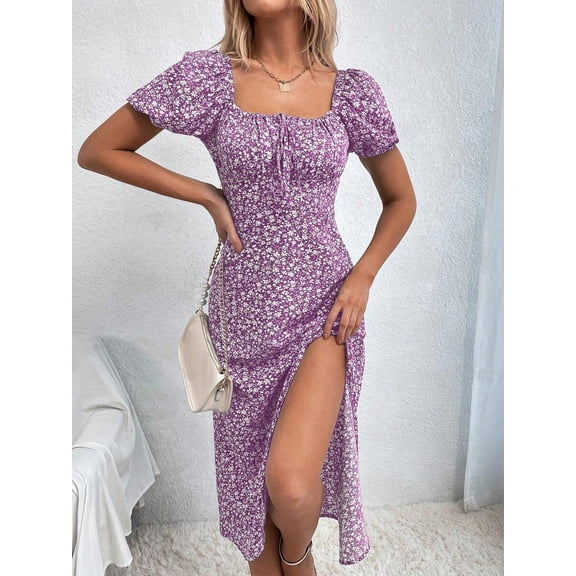 Lilac Purple Floral Print Long Dress With Square Neck Puff Sleeve And High Slit Hem
