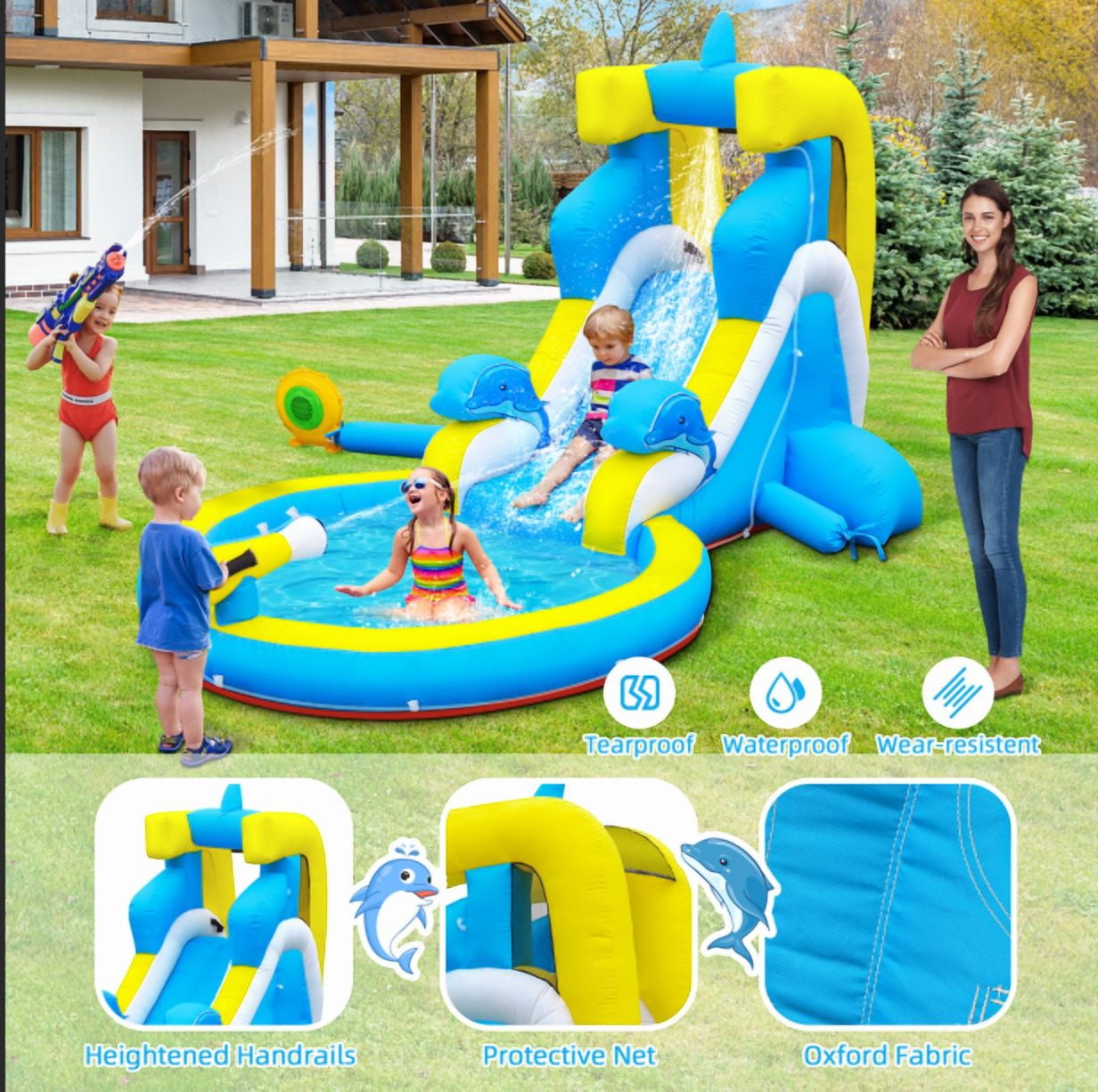 Inflatable Water Slide: 4 in 1 Bounce House Water Park Dolphin Style for Kids - Climbing Wall Splash Pool Water Cannon - 370W Blower - Wet & Dry Indoor Outdoor Backyard Birthday Party