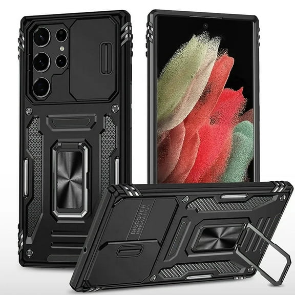 For Samsung Galaxy S21 Ultra Tough Case with Ring Kickstand & Camera Window Hybrid TPU Armor Shockproof Cover ,Xpm Phone Case [ Black ]