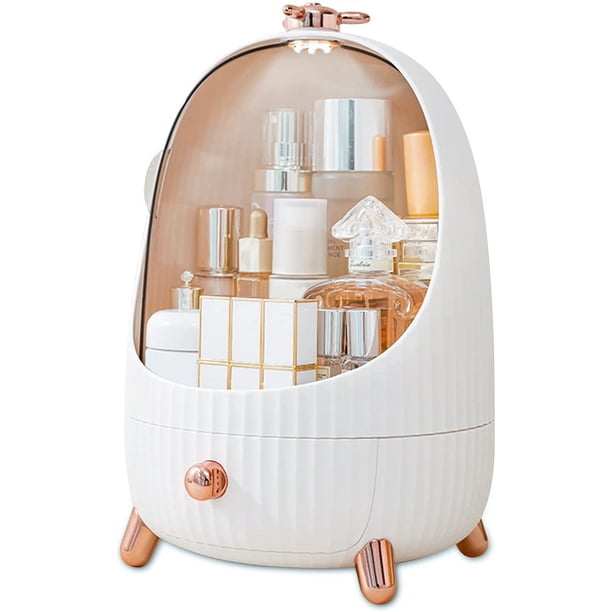 Organizador de maquillaje con cajones con luz LED, caja de plástico para guardar joyas, a prueba de polvo, contenedor para guardar cosméticos, caja para artículos diversos para el hogar, M, blanco