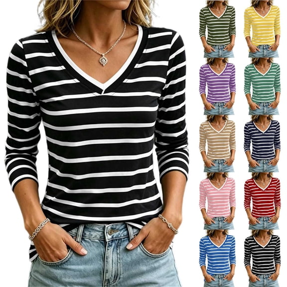 ShomPort Women's Tee Shirts Striped Casual Layer Tops 3/4 Sleeve Fitted Dressy V Neck Going Out Tops Summer Fall