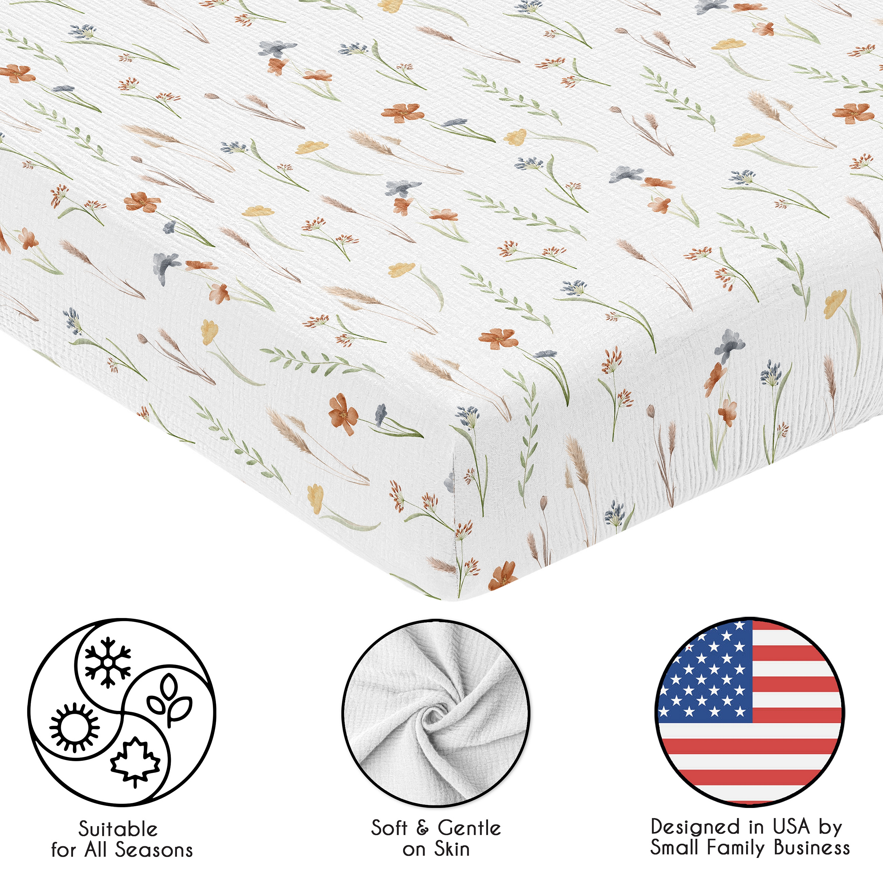 Sweet Jojo Designs Watercolor Floral Garden Sage Green Girl 100% Cotton Muslin Fitted Crib Sheet
