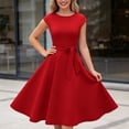 thumbnail image 4 of Elegant Dress Women Short Sleeve Crew Neck Solid Tie Waist Midi Length Party Dress Red S, 4 of 6