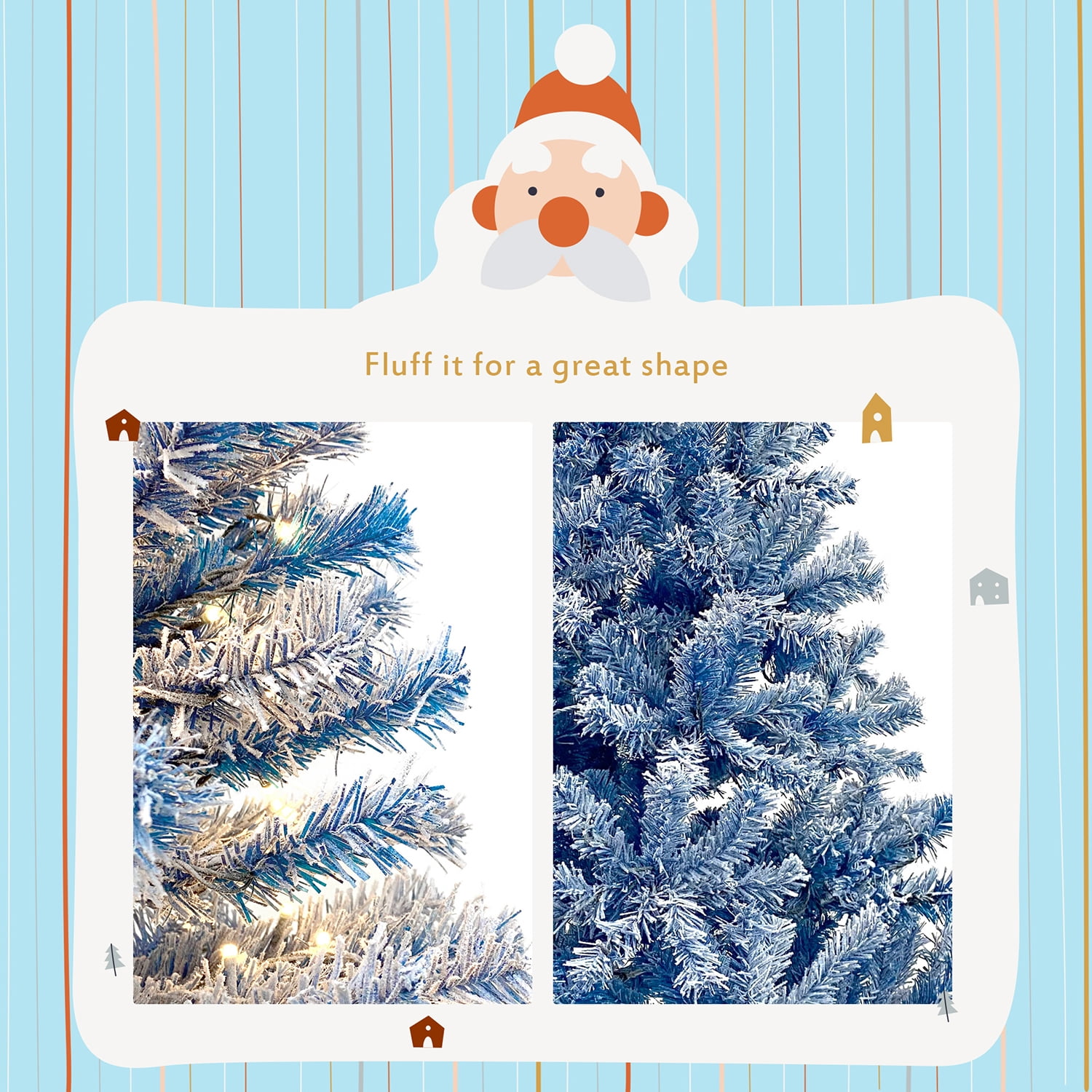 Kadyn 6ft Pre-Lit Artificial Pencil Christmas Tree with Flocked Snow Pre-Strung Lights Xmas Holiday Decoration for Home, Office, Party, Blue