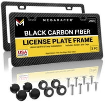 Mega Racer Carbon Fiber Design License Plate Frames (2 Pack) – Stainless Steel, Slim Top Wide Bottom Design, Rattle-Free Front or Rear Plate Holders with Black Screw Caps