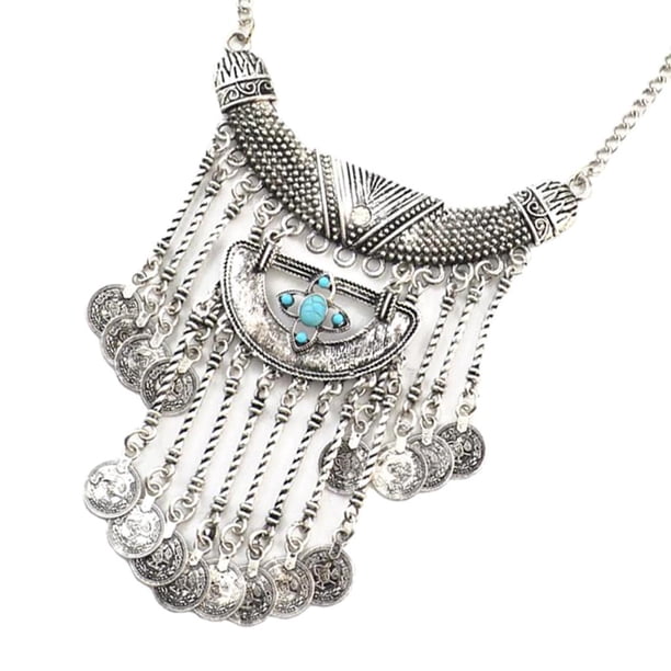 Collar con colgante de borlas de metal color plata estilo étnico gitano para mujer Verde