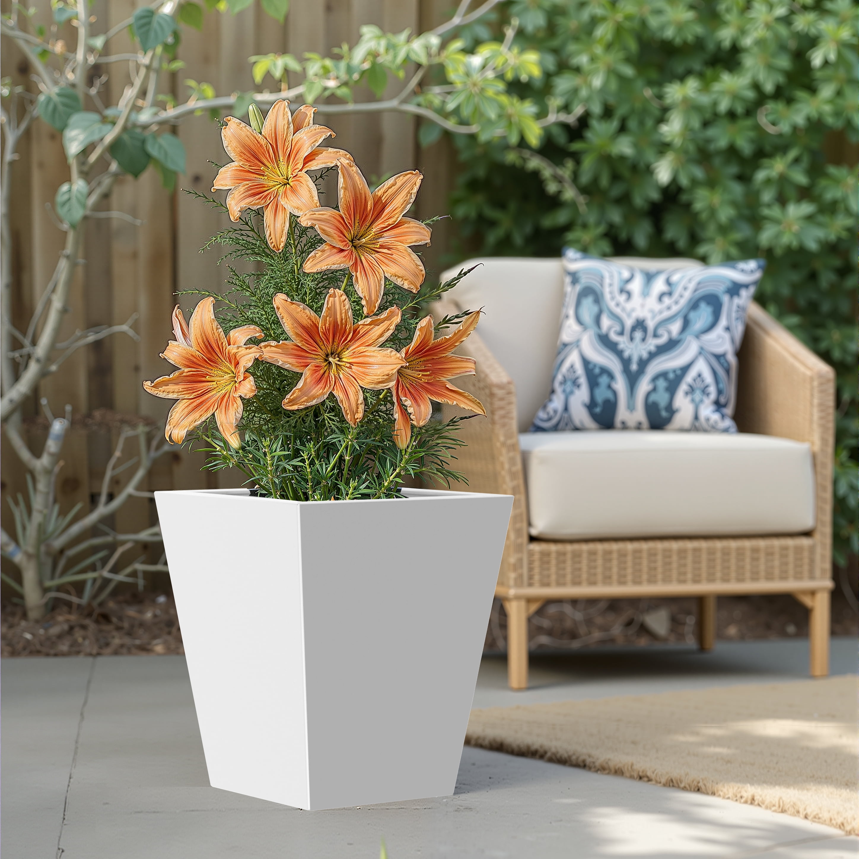 MAYEERTY 22*19*19" White Modern Metal Cone Planter with Drainage Hole for Outdoor Gardening, Patio & Balcony