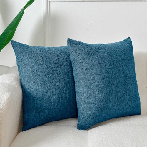 DWCN Linen Suqare Decorative Throw Pillow Covers for Home Sofa Decoration, 18 x 18 Inches, Navy Blue, 2 Pack