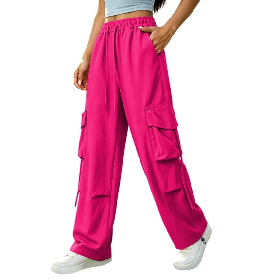 TEAJOPSUU Cargo Pants for Women Quick-Dry Drawstring High Waist Wide Leg Pants with Multi-Pocket Casual Daily Workwear Trousers Hot Pink