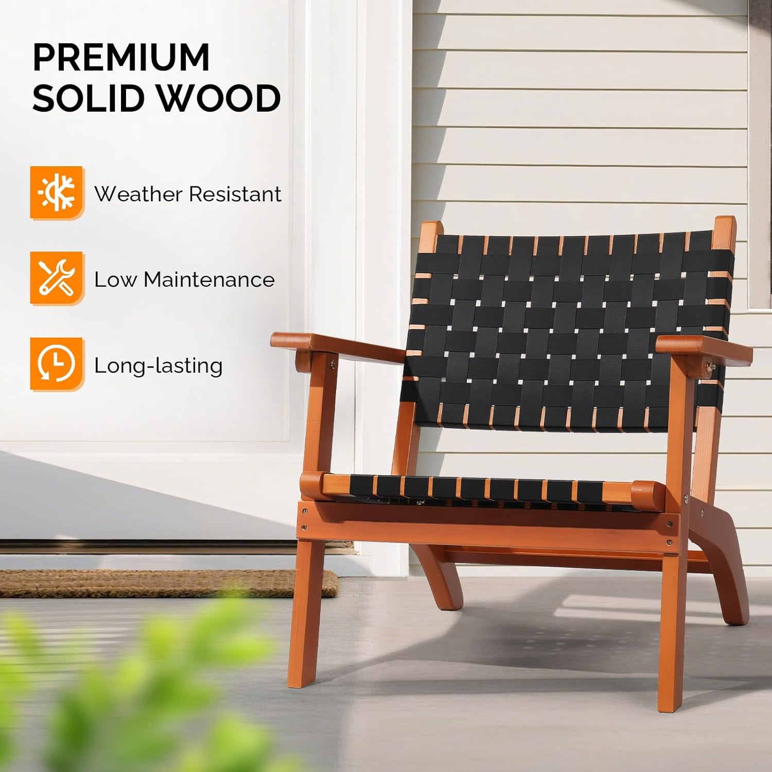 FeGemax Outdoor Armchair, All-Weather Wooden Patio Chair with Waterproof PE Woven Fabric, Adirondack Chair for Garden, Lawn and Poolside (1, Black and Brown)