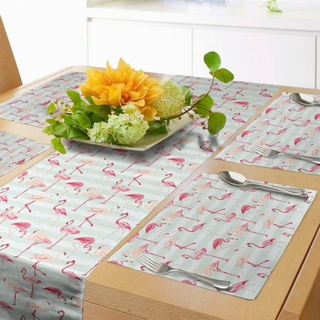 

Flamingo Table Runner & Placemats Horizontal Striped Background with Pastel Colored Island Jungle Birds Set for Dining Table Placemat 4 pcs + Runner 12 x72 Mint Green Coral Peach by Ambesonne