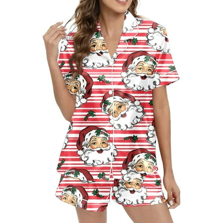JIANJIA Womens Pajama Sets Christmas Santa Print Silk Satin Lapel Short Sleeve Tops With Shorts Sleepwear Underwear