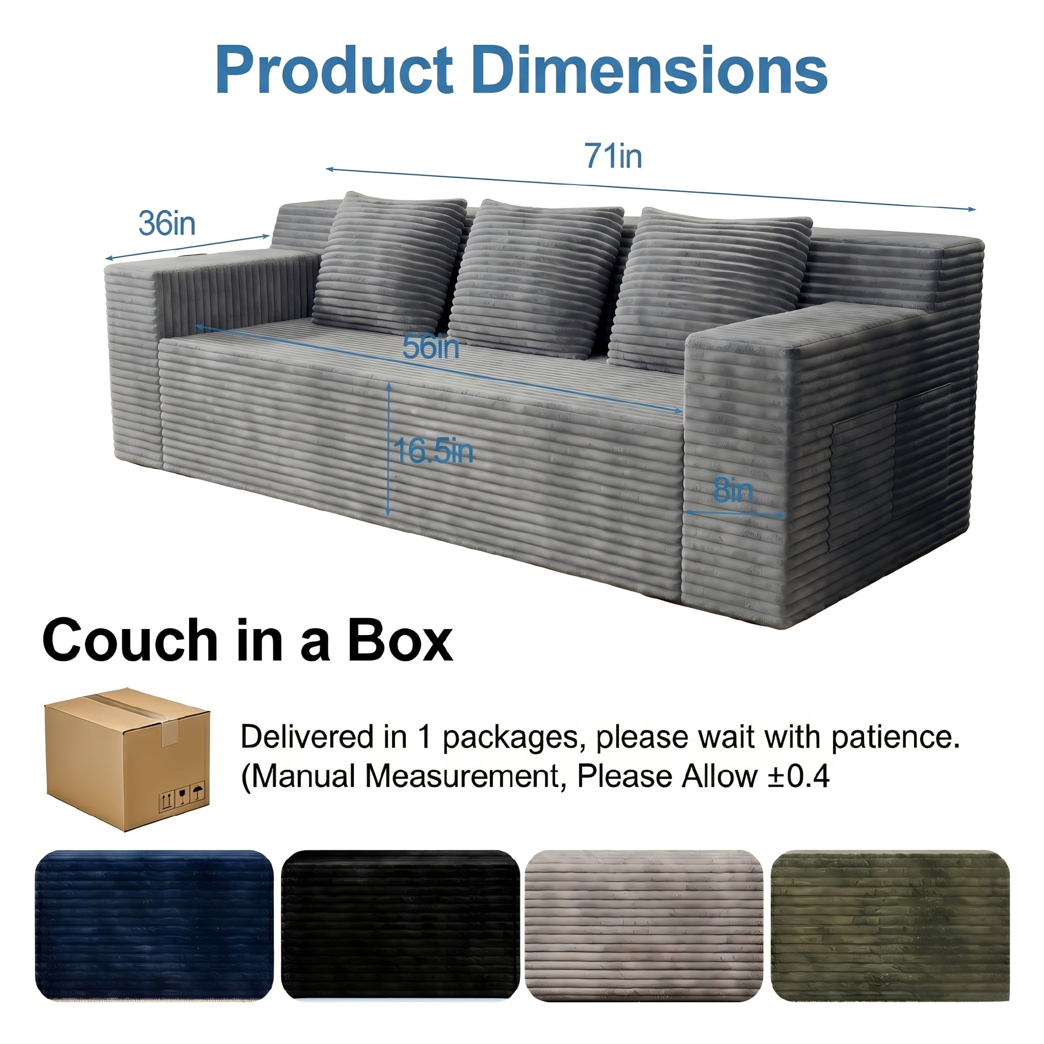 Modern 71" Corduroy Sofa, No Assembly Deep Seat Couch in a Box for Living Room, Grey