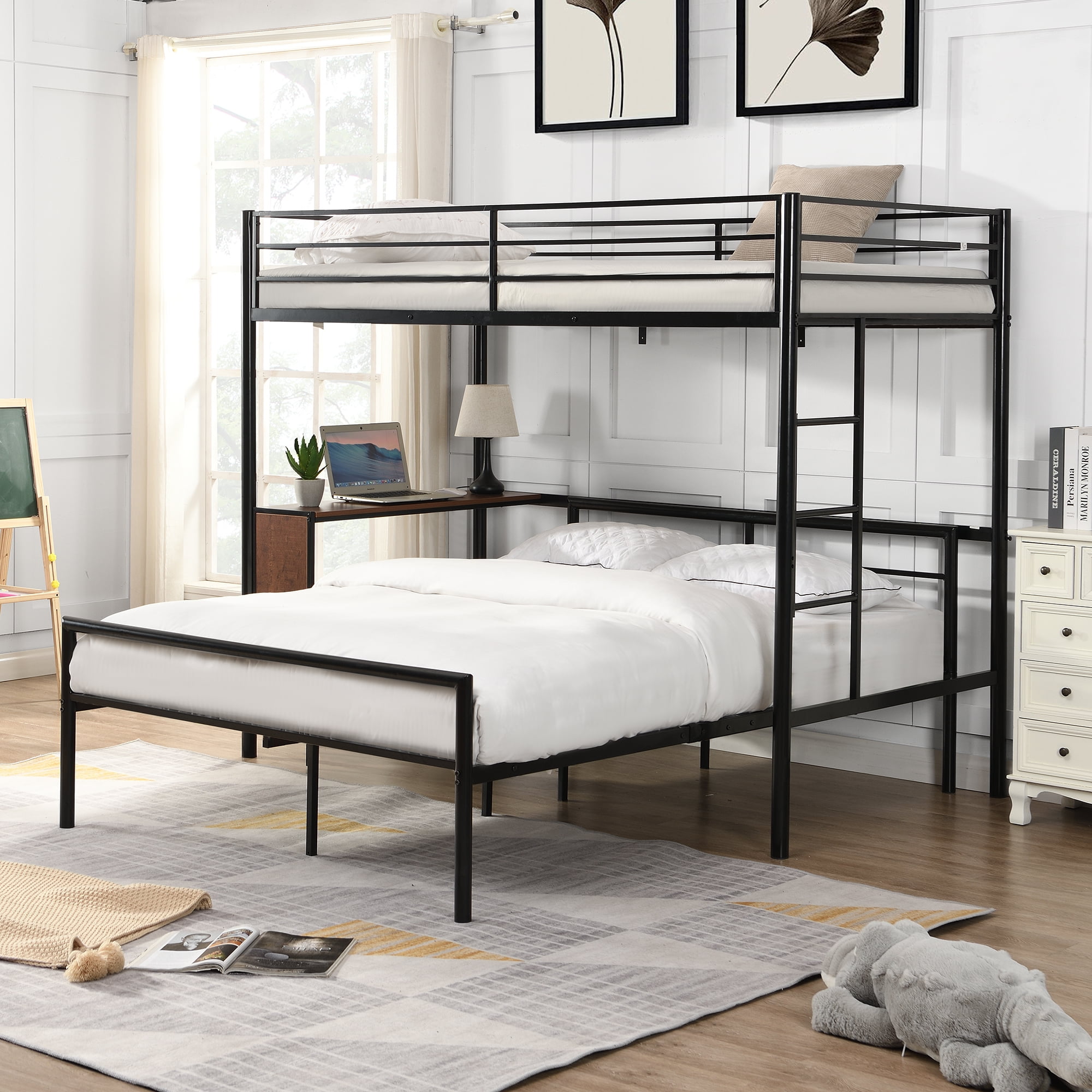 Ikayaa Twin Over Full Metal Bunk Bed, Bunk Beds With Built In Desk And Drawers