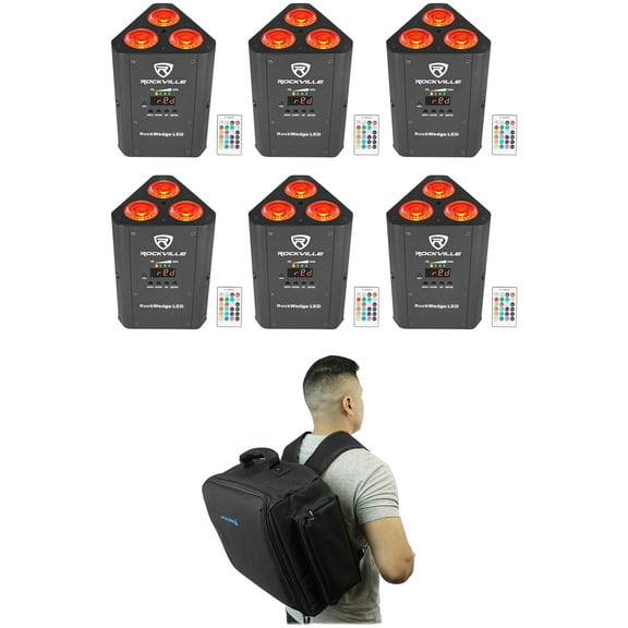 6 Rockville RockWedge LED 54w RGBWA UV Rechargeable Wireless DMX Lights Backpack