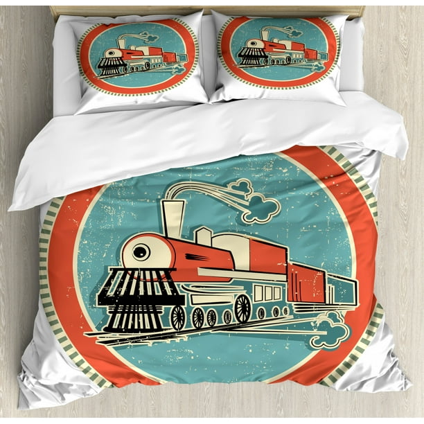 Steam Engine Duvet Cover Set Queen Size, Vintage Style Orange and Blue