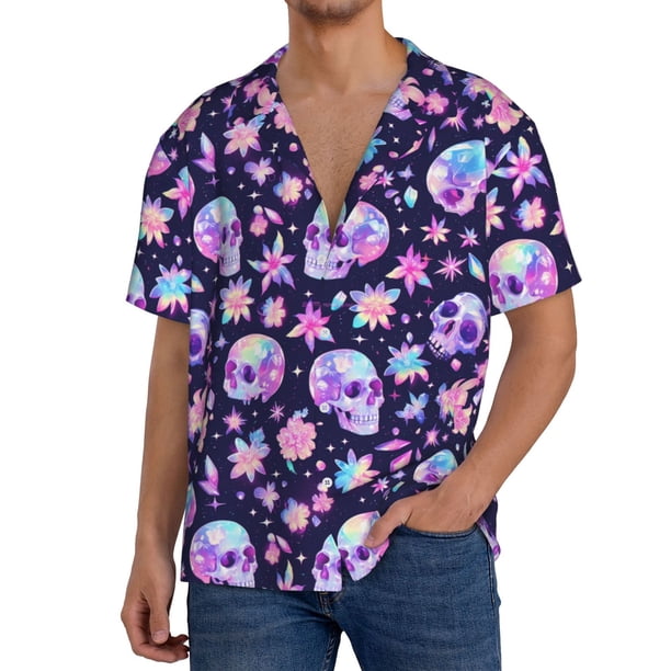 Balery crystal Skull flower cool Camisa Casual de Manga Corta con Botones para Hombre, Texturizada, Estilo Cubano, para Playa, Verano-Large