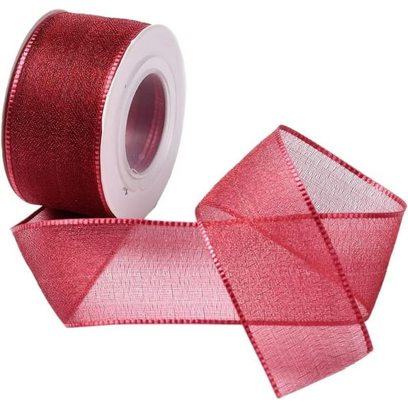 1 Inch Dark Red Organza Ribbon Christmas Sheer Mesh Ribbon Wired Silk Chiffon Transparent Clear Fabric Ribbons Bulk Roll with Spool for Sewing Making Craft Flower Bouquet Xmas Wedding Supply Red