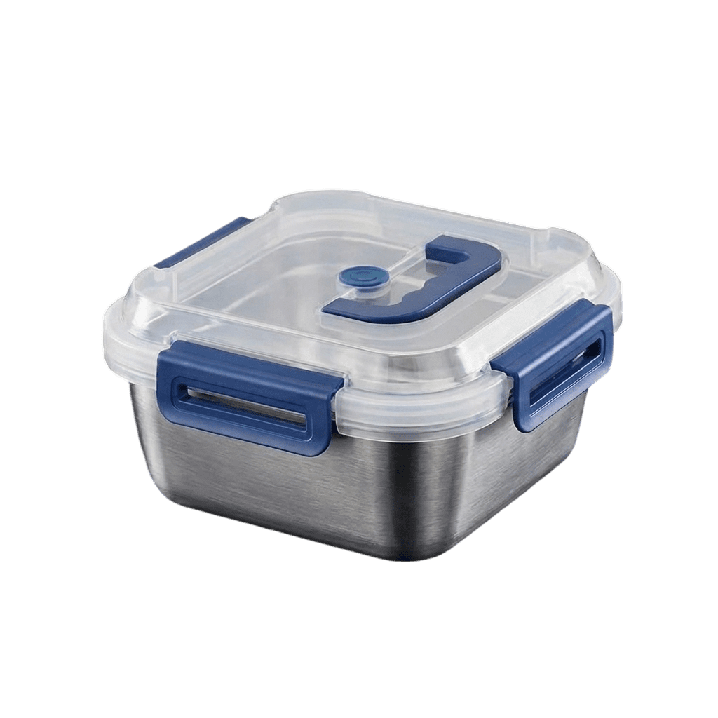 Yakimoto Stainless Steel Food Storage Container Set with Blue Airtight Lids, Silver, 1800ml 60oz, Set of 4