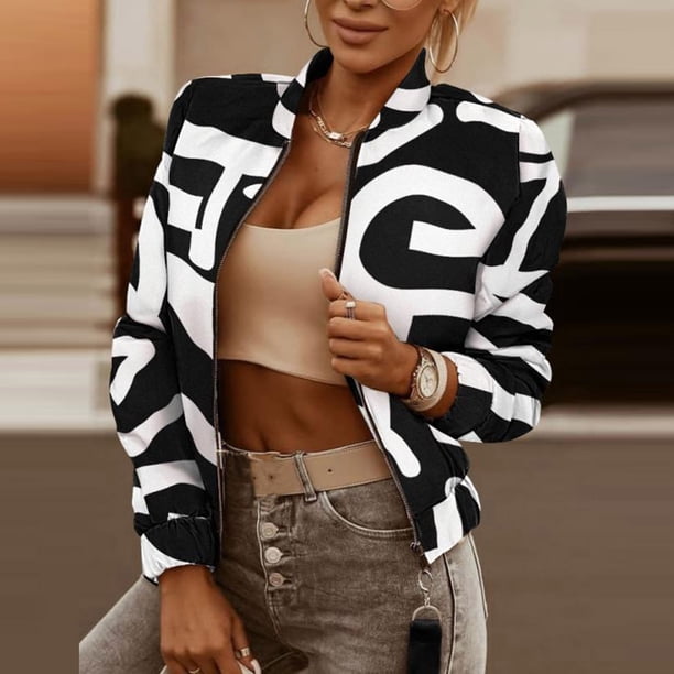 Mujeres Otoño e Invierno Impreso Manga Larga Cremallera Traje Rebeca Abrigo Tops Fridja po3294