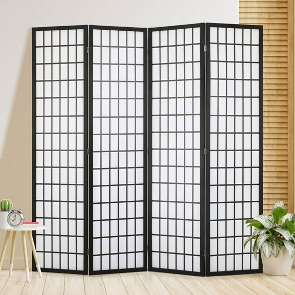 CL.HPAHKL 4 Panel Folding Room Divider, Shoji Style Privacy Screen Wooden Wall Divider