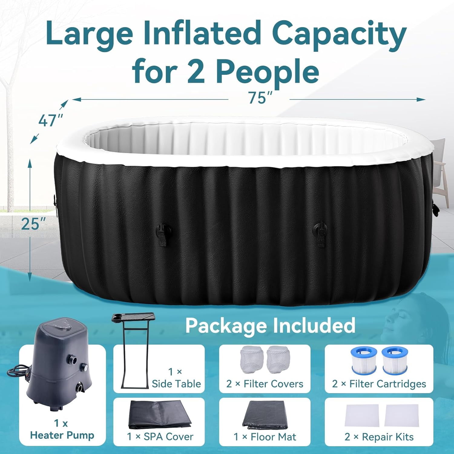 2 Person Inflatable Hot Tub with Side Table, Oval Portable Blow up Hot Tub Spa, Leak-Proof PVC Outdoor Spa with 100 Air Jets, Heater Pump and Insulated Cover, 75” L X 47”W X 25”H